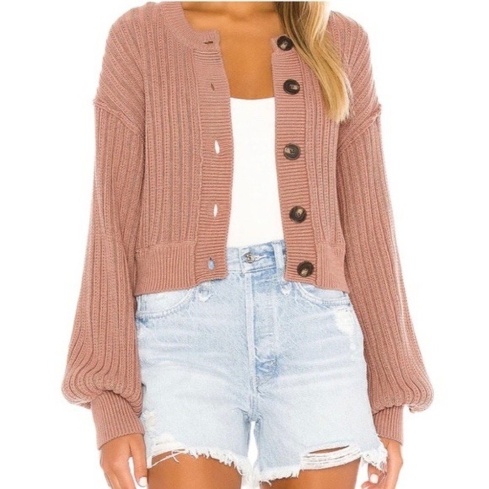 Free People Ribbed Cropped Cardigan Mauve Pink Cotton Balloon Sleeve XS